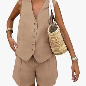 Tan Button-Up Vest and Shorts Set